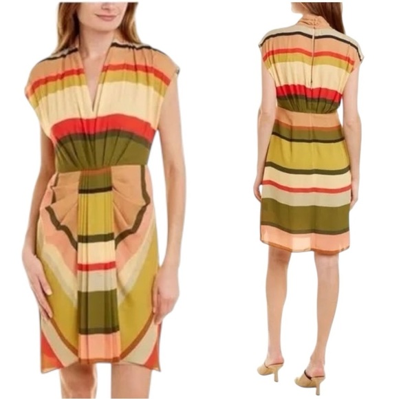Toccin NYC Dresses & Skirts - Toccin NYC Sarong Dress Multicolor Striped Pleated Front Sheath Dress Size 4